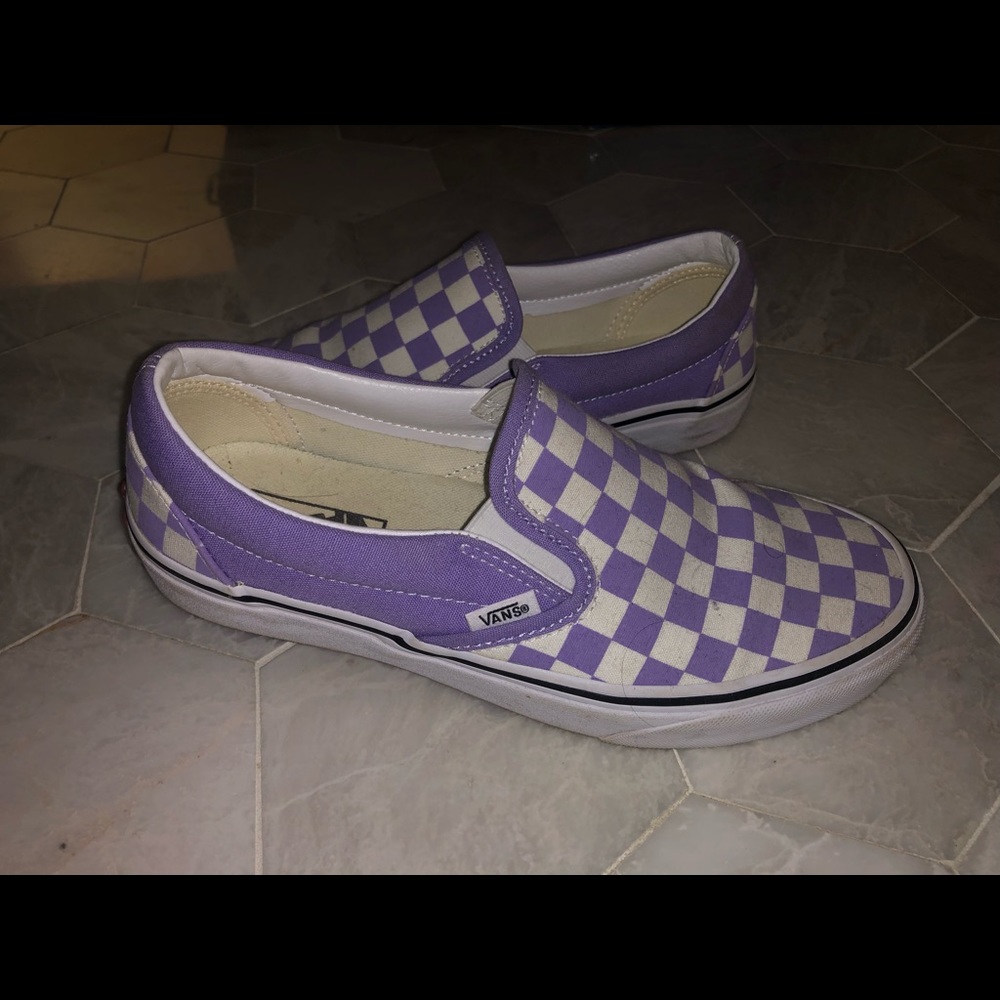 purple checkered slip-on vans